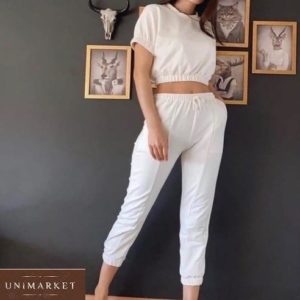 Придбати жіночий білий прогулянковий костюм: штани з топом з трикотажу онлайн