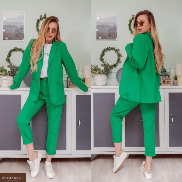 Придбати зелений жіночий однотонний костюм: піджак + штани з льону недорого
