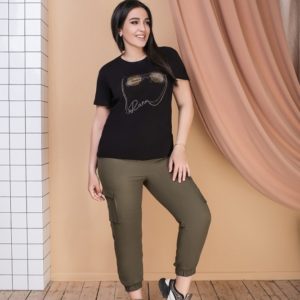 Заказать черный/хаки женский комплект: трикотажная футболка+стрейчевые брюки из льна (размер 50-64) по скидке
