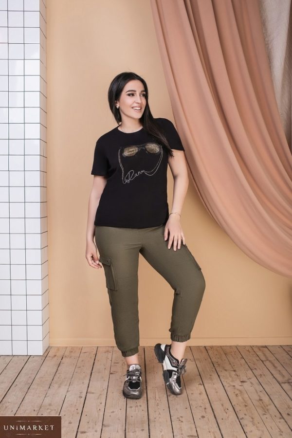 Заказать черный/хаки женский комплект: трикотажная футболка+стрейчевые брюки из льна (размер 50-64) по скидке