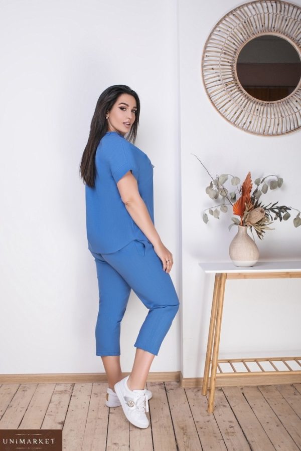 Купить джинс женский льняной костюм с V-образным вырезом (размер 50-64) онлайн