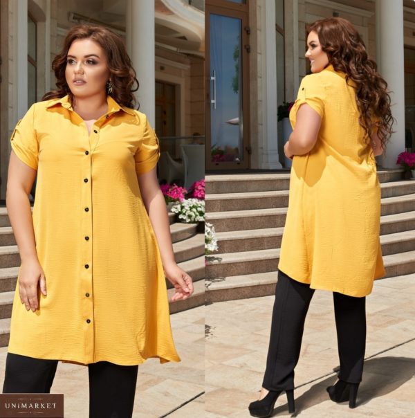 Замовити жовтий жіночий легкий літній костюм: штани + сорочка-туніка (розмір 48-66) недорого