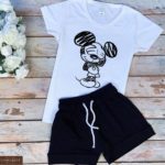 Заказать белый/черный женский трикотажный костюм: шорты+футболка с принтом Микки Маус онлайн