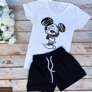 Замовити білий / чорний жіночий трикотажний костюм: шорти + футболка з принтом Міккі Маус онлайн
