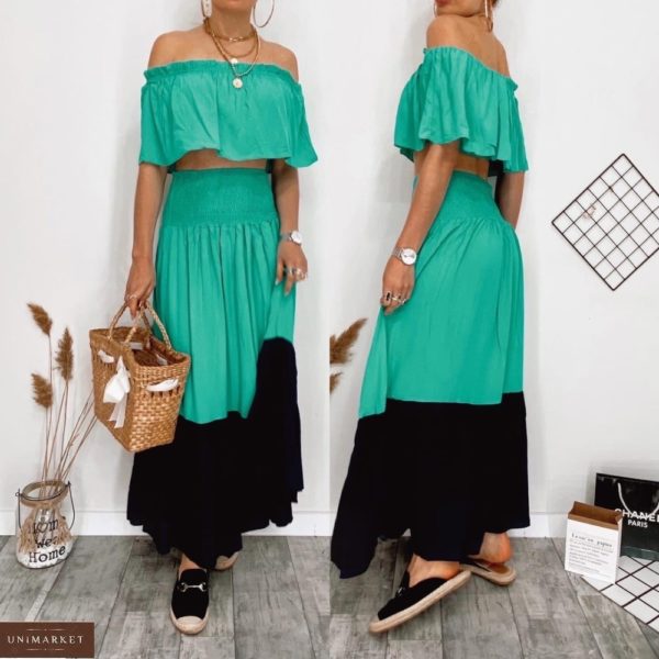 Купить женский летний зеленый костюм: юбка в пол+топ с открытыми плечами (размер 42-48) выгодно