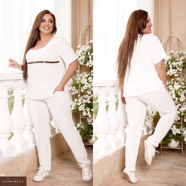 Замовити білий жіночий прогулянковий костюм: штани + футболка з тигровій смужкою (розмір 48-62) онлайн