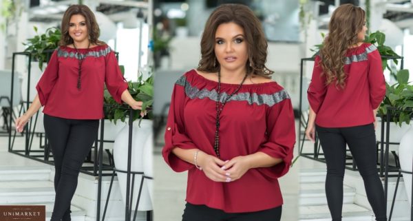 Заказать бордо женский комплект: джеггинсы+блузка со вставкой из люрекса (размер 48-54) недорого