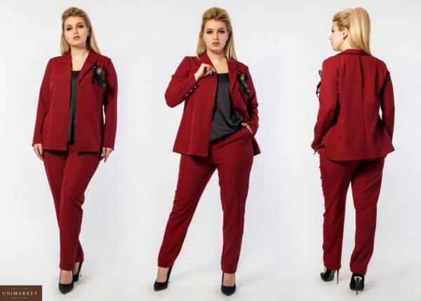Заказать бордо женский брючный костюм тройка: брюки+майка+пиджак (размер 48-60) по низким ценам