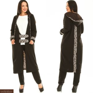 Купить черный женский костюм тройка с капюшоном с леопардовой отделкой (размер 50-64) по скидке