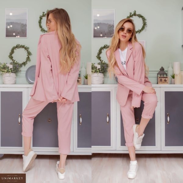 Замовити рожевий жіночий однотонний костюм: піджак + штани з льону по знижці