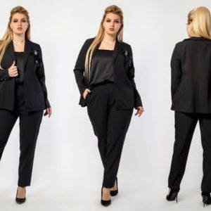 Купить черный женский брючный костюм тройка: брюки+майка+пиджак (размер 48-60) в Украине