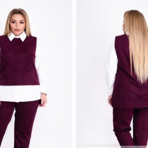 Замовити бордо жіночий замшевий брючний костюм трійка з жилеткою (розмір 50-64) в Україні