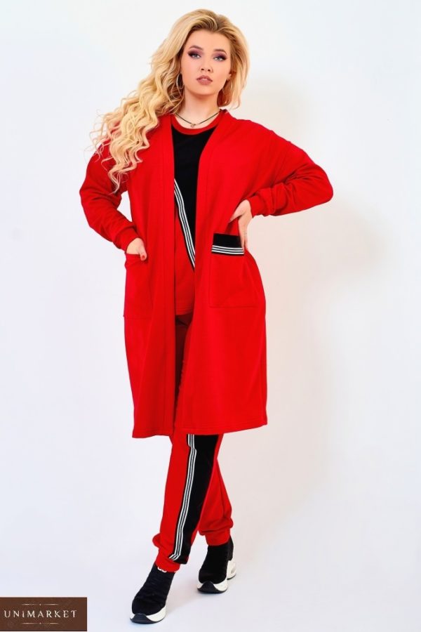 Купить красный женский двухцветный костюм тройка: штаны+футболка+кофта с карманами (размер 50-64) в Одессе