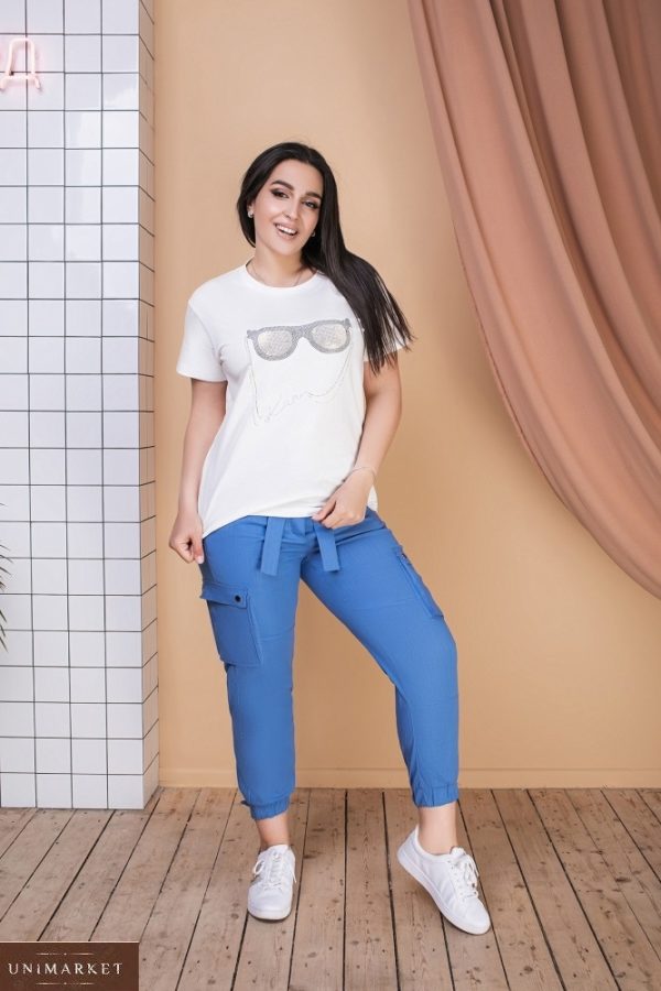 Заказать белый/джинс женский комплект: трикотажная футболка+стрейчевые брюки из льна (размер 50-64) по низким ценам