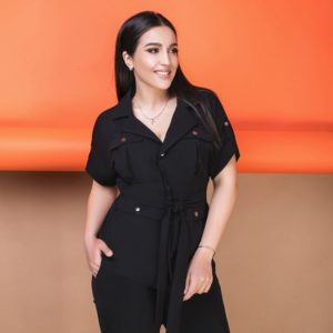 Купить черный женский летний костюм с рубашкой из жатки (размер 50-64) по скидке