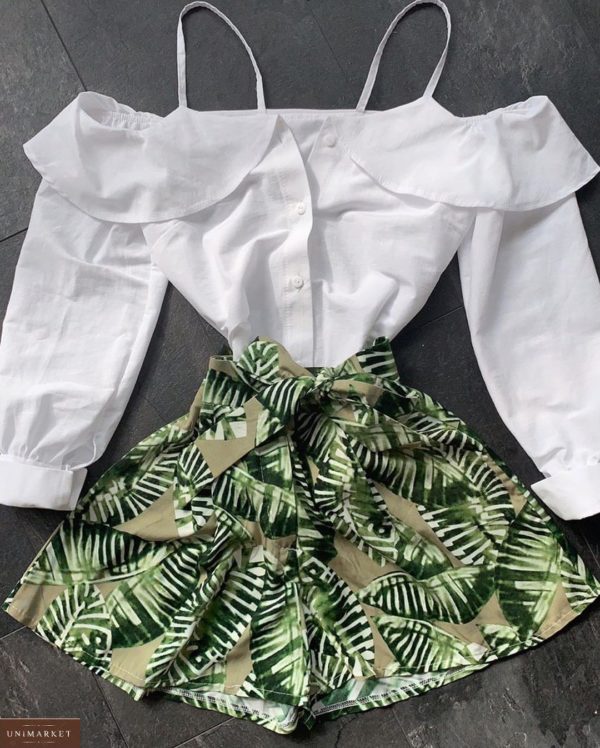 Придбати білий / хакі жіночий літній костюм: біла блузка з відкритими плечима + шорти з квітковим принтом хорошої якості