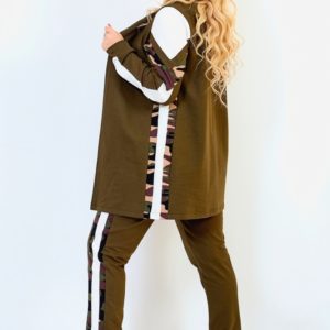 Купити хакі жіночий костюм трійка з камуфляжній вставкою: штани + світшоти + жилетка (розмір 50-64) недорого