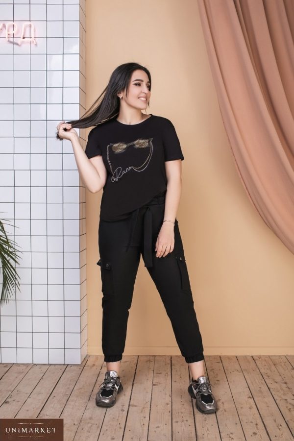 Купити чорний жіночий комплект: трикотажна футболка + стрейчеві штани з льону (розмір 50-64) в Україні
