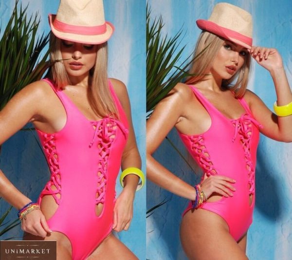 Приобрести розовый женский слитный купальник со шнуровками по бокам и спереди по низким ценам