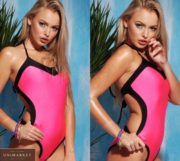 Заказать розовый женский слитный двухцветный купальник на завязках онлайн