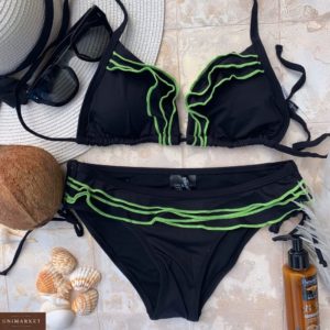 Купити зелений жіночий купальник-шторки з кольоровими рюшами в Дніпрі