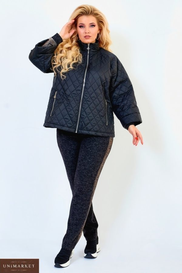 Заказать черную женскую стеганую куртку на синтепоне со свободными рукавами (размер 50-64) в Украине