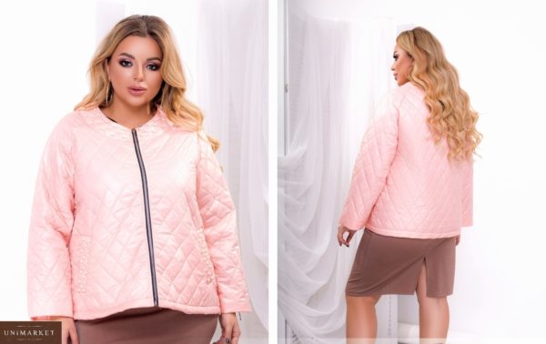Купити рожеву жіночу вільну стьобану куртку з перлами (розмір 50-64) за низькими цінами