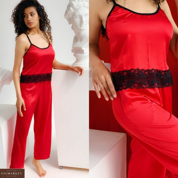 Замовити червоний жіночий комплект піжама: майка + вільні штани з двома кишенями (розмір 42-56) в Україні