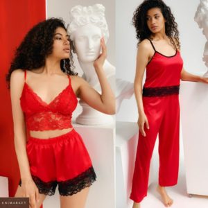 Купить красную женскую пижаму 4-ка: майка+кружевной топ+шорты+брюки (размер 42-56) выгодно