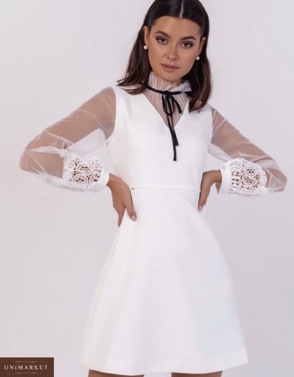 Купить белое женское платье А-силуэта с рукавами из органзы и кружева недорого
