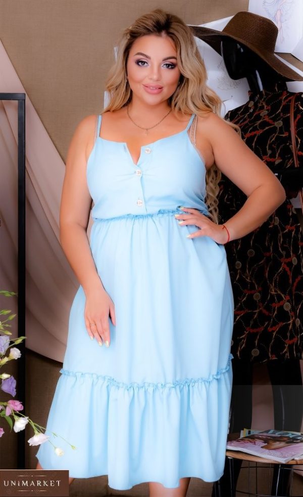 Купить голубое женское летнее платье миди на бретельках (размер 50-64) выгодно