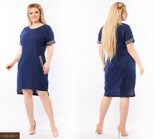 Купить синее женское платье из льна со стразами (размер 50-64) выгодно