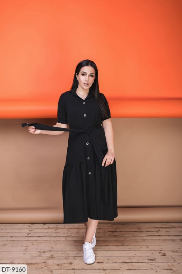 Замовити чорне жіноче плаття-сорочка довжини міді з кишенями (розмір 50-64) по знижці