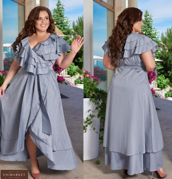 Замовити синє жіноче бавовняне плаття в підлогу з рюшами (розмір 48-66) онлайн