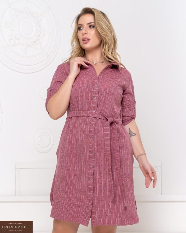Приобрести малиновое женское полосатое платье-рубашка из стрейч льна (размер 50-56) по низким ценам