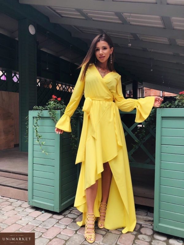 Замовити жовте жіноче довге плаття на запах з рукавами-дзвіночками у Львові