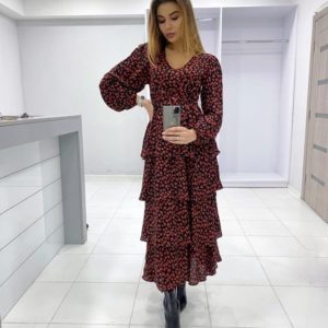 Заказать красное женское платье в цветочный принт из штапеля с воланами онлайн