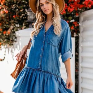 Заказать синее женское летнее джинсовое платье-рубашка свободного кроя (размер 42-48) онайн