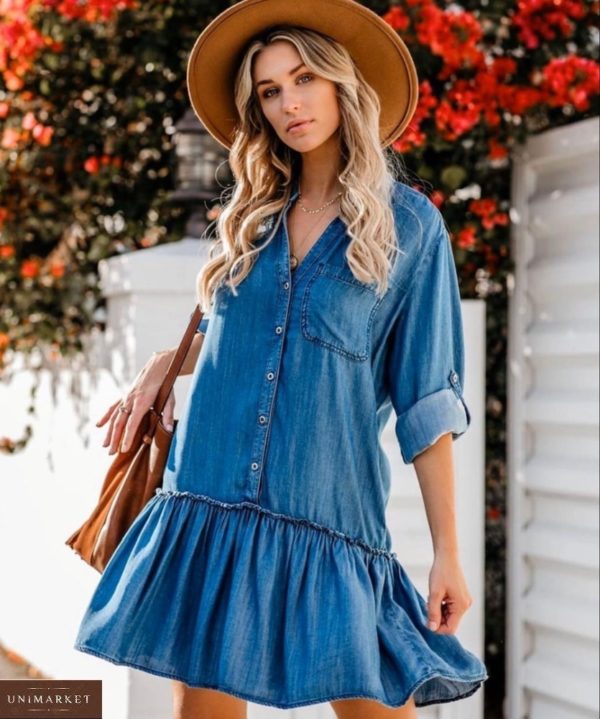 Замовити синє жіноче літнє джинсове плаття-сорочка вільного крою (розмір 42-48) онайн