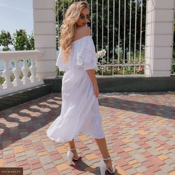 Заказать женское длинное белое летнее платье с открытыми плечами (размер 42-52) недорого