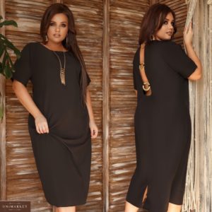 Замовити чорне жіноче плаття міді з відкритою спиною і прикрасою в комплекті (розмір 48-62) вигідно