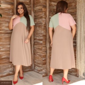 Купити беж жіночу триколірну сукню міді з коротким рукавом (розмір 48-62) онлайн