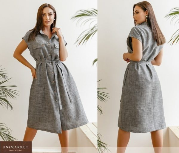 Купить серое женское льняное платье на пуговицах с поясом (размер 42-58) онлайн