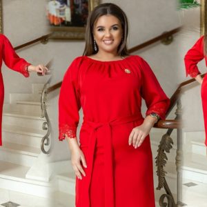 Замовити червоне жіноче елегантне плаття міді з брошкою в комплекті (розмір 50-60) в інтернеті