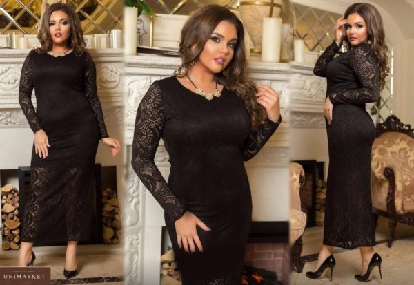 Купить черное женское вечернее кружевное платье макси с подкладкой (размер 48-54) в Украине