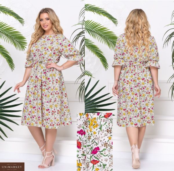Замовити кольорову жіночу сукню міді з рукавом-ліхтариком в квітковий принт (розмір 48-62) в Україні