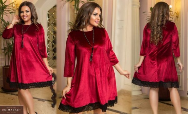 Купити червоне жіноче плаття А-силуету з мереживним подолом (розмір 48-54) вигідно