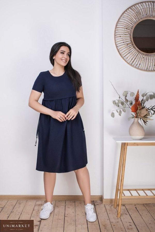 Купить синее женское стрейчевое свободное платье из льна (размер 50-64) недорого