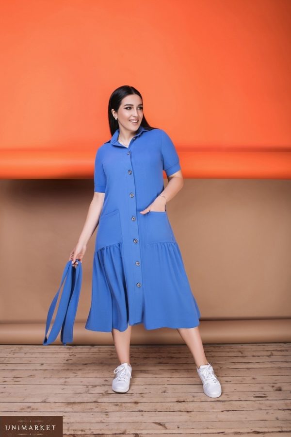 Придбати блакитне жіноче плаття-сорочка довжини міді з кишенями (розмір 50-64) недорого