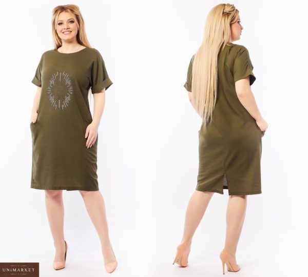 Купить хаки женское льняное платье с карманами украшенное стразами (размер 50-64) онлайн
